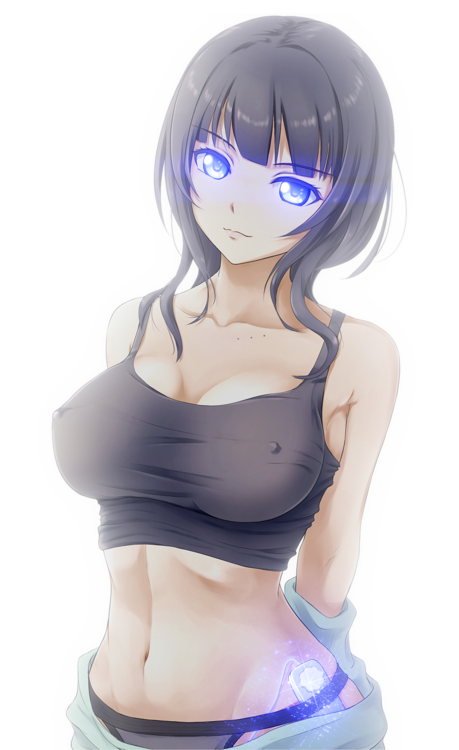 Karin smiling coyly at the viewer, wearing a sports bra and panties, with a vibrator tucked into the strap of the latter.  It's glowing an intense royal blue, like her eyes--both charged with boundless magical energies.  Her nipples are visible through the bra.